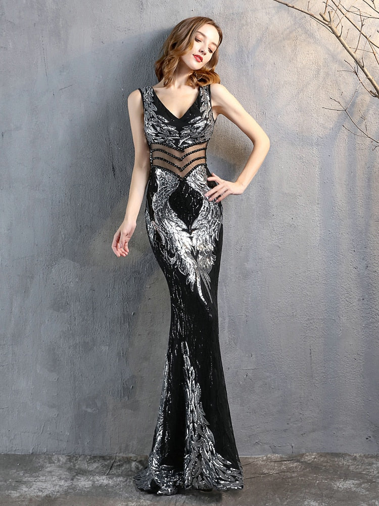 Women See-through Beads Long Party Dreess New Sequins Evening Dress