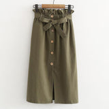 Korean Style Army Green Skirts Women Solid Color High Waist A-Line Long Midi Length Pleated Skirt
