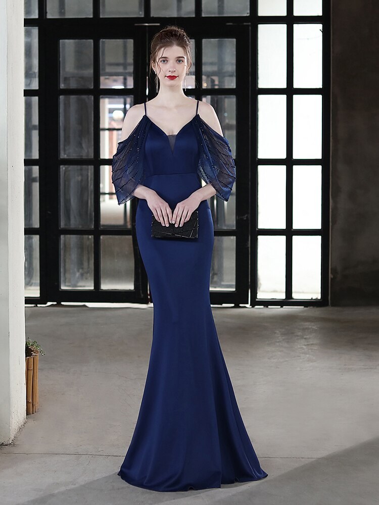 Bishop Sleeve Off The Shoulder V Neck Evening Dress Mermaid Backless Gowns Taffetal Elegant Party Robes Women Occation Vestidoes