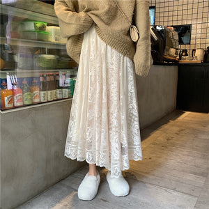 High Waist Vintage Lace Maxi Long Solid Color Pleated A-Line Elegant Summer Party Skirt