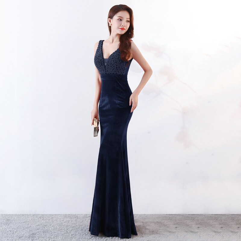 New V-neck Beading Long Evening Dress Sexy Backless Velour Evening Party Dress