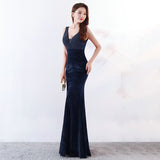 New V-neck Beading Long Evening Dress Sexy Backless Velour Evening Party Dress