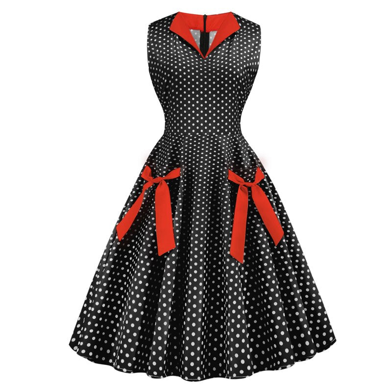 Red V Neck Tie Pocket Polka Dot 1950S Vintage Slim Pinup Summer Sleeveless Elegant Party A Line Dress