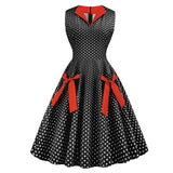 Red V Neck Tie Pocket Polka Dot 1950S Vintage Slim Pinup Summer Sleeveless Elegant Party A Line Dress