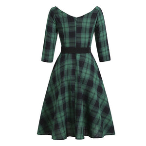 Green Plaid Elegant 1950s Style Vintage Robe V Neck High Waist Dress 3/4 Length Sleeve Women Retro Clothes Midi Dresses