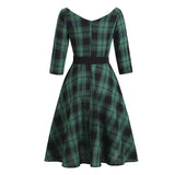 Green Plaid Elegant 1950s Style Vintage Robe V Neck High Waist Dress 3/4 Length Sleeve Women Retro Clothes Midi Dresses