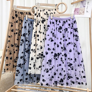 Mid Calf Long Floral Flocking Tulle Women Elastic High Waist Mesh A line Midi Skirt