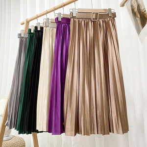 Women Shimmer Satin Midi Long Pleated Skirt With Belt Elastic High Waist Casual Skirts