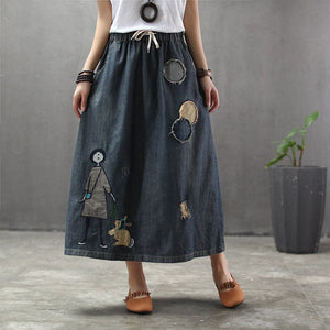 Denim Women A-line High Waist Jeans Midi Skirt Casual Loose Korean Trendy Streetwear