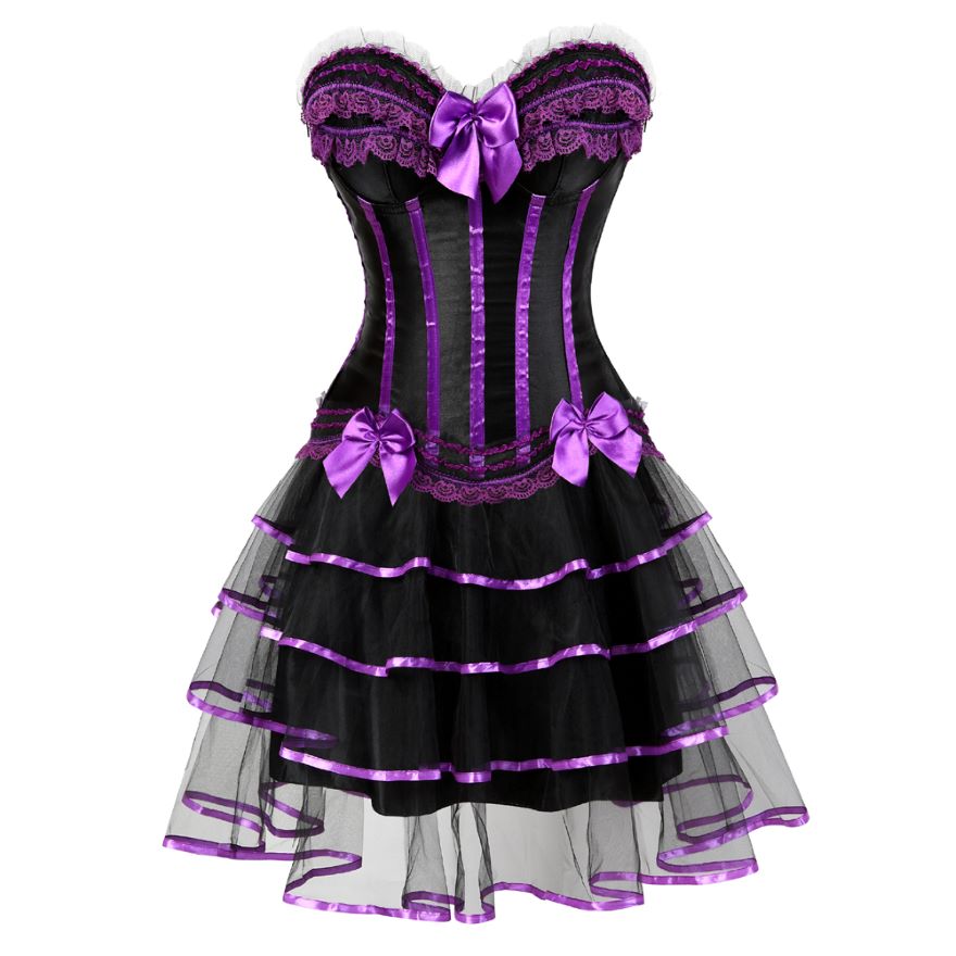 Women Sexy Striped Corset Dress Satin Bow Lace Waist Cincher Corset Bustier Lingerie Top With Mesh Mini Tutu Skirt Set Plus Size