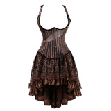 Women Steampunk Corset Dress Gothic Sexy Striped Underbust Corset Vest Bustier Top With Asymmetrical Floral Lace Skirt Set Brown