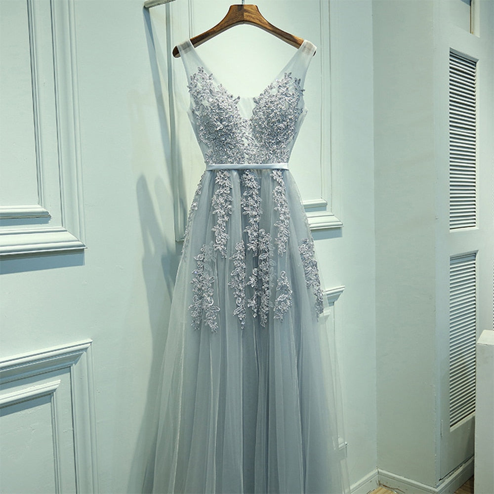 Sexy V-neck Evening Dress Robe De Soiree Tulle With Applique Party Dress Lace Beading Floor-length Prom Dress Bride Banquet Eleg