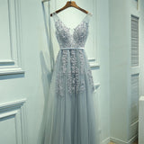 Sexy V-neck Evening Dress Robe De Soiree Tulle With Applique Party Dress Lace Beading Floor-length Prom Dress Bride Banquet Eleg