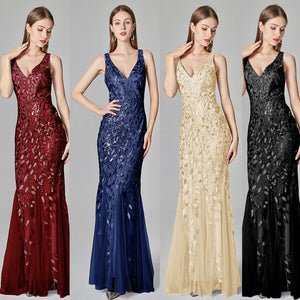 Silver Gray Elegant Fashion Evening Dresses Sexy Simple V Collar Open Back Sleeveless Embroidered Beads Fishtail Dress Gown