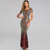 Backless Long Sequin Cocktail Dress Elegant Gold Evening Party Dress Sexy Mermaid Short Sleeve Prom Dress Beauty Robe De Soiree