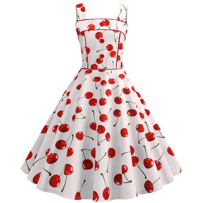 Strawberry Print Strap Summer Dress 2021 Women 50s 60s Robe Vintage Pinup Retro Party Rockabilly Vestidos Elegant Sweet Clothes