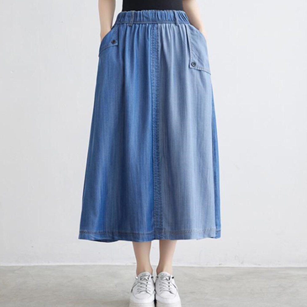 Fashion Korean Denim Women Solid Color Long Elastic High Waist Big Swing Casual Pleated Jean Skirt