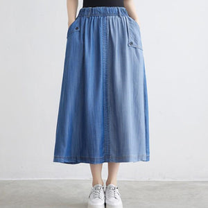 Fashion Korean Denim Women Solid Color Long Elastic High Waist Big Swing Casual Pleated Jean Skirt