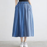 Fashion Korean Denim Women Solid Color Long Elastic High Waist Big Swing Casual Pleated Jean Skirt