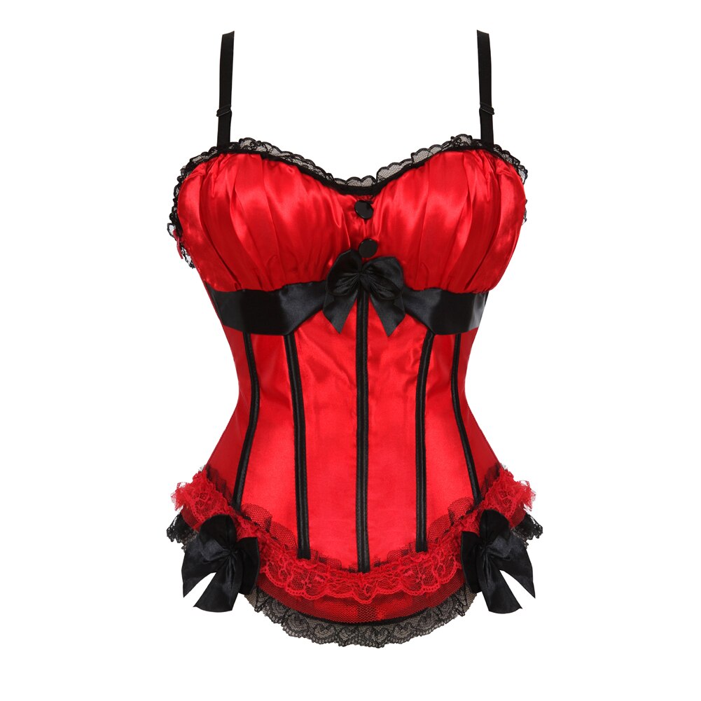 Women Sexy Satin Striped Lace Overbust Corset Bow Cup Straps Corset Zipper Side Waist Cincher Corsets Bustiers Lingerie Top
