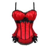 Women Sexy Satin Striped Lace Overbust Corset Bow Cup Straps Corset Zipper Side Waist Cincher Corsets Bustiers Lingerie Top