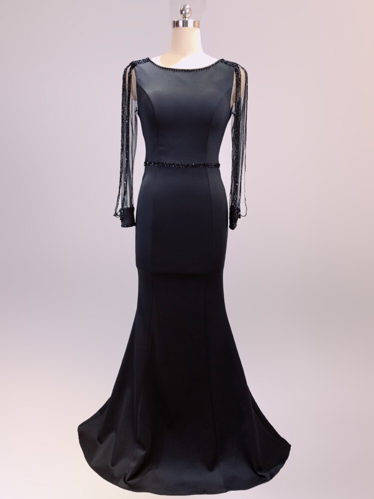 Black Formal Muslim Evening Dress Long Sleeve Zipper Back O-neck Empire Party Gowns Elegant Floor-length Beading Prom Dress
