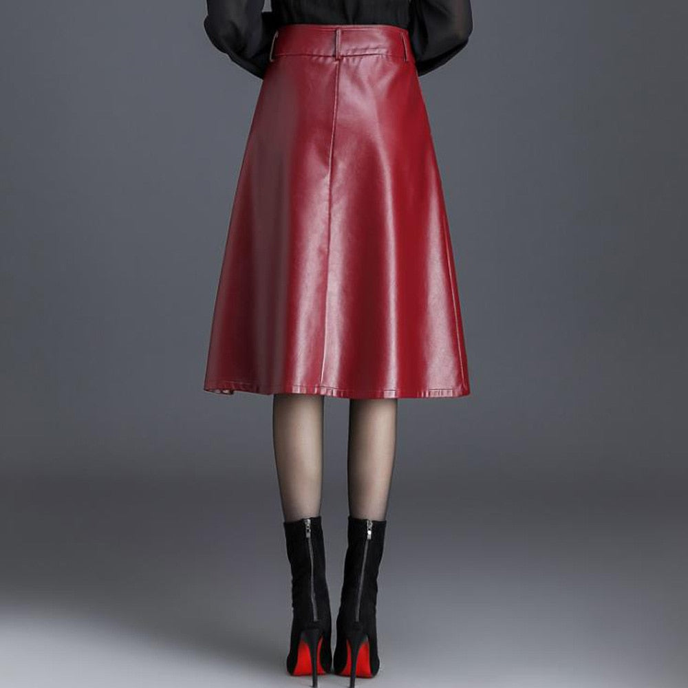 Office Midi Women Leather Maxi Skirt Ladies High Waist Pocket Autumn Red Black Formal Skirt