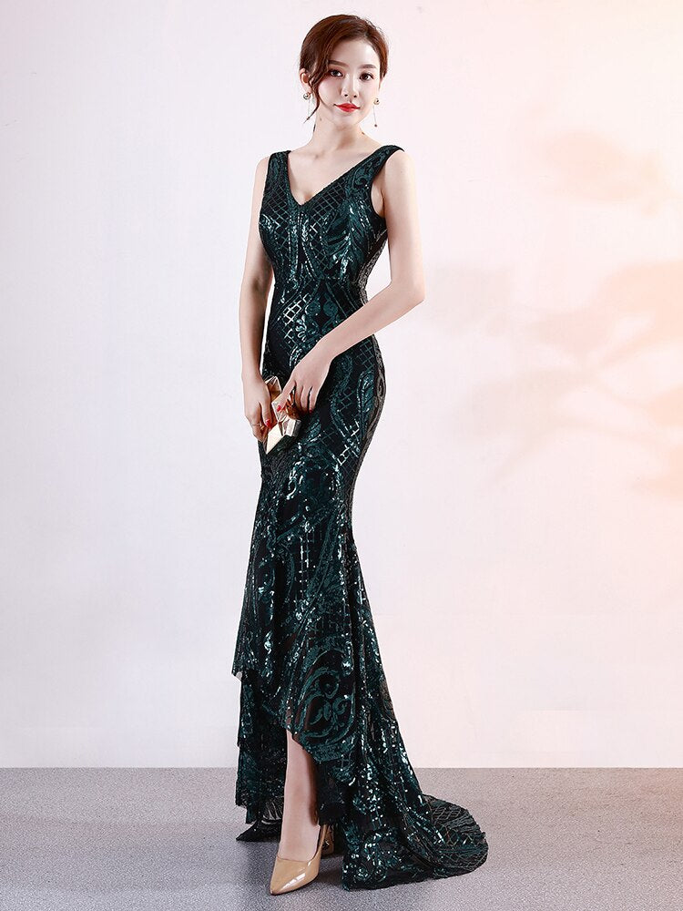 Asymmetrical Floor-Length Tulle Sequins V-Neck Sleeveless Party Dresses Embroider Vestidoes Formal Robe