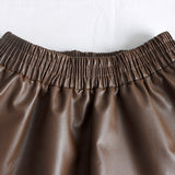 High Waist A Line Autumn Winter Faux Leather Elastic Waist Solid Vintage PU Leather Midi Skirt