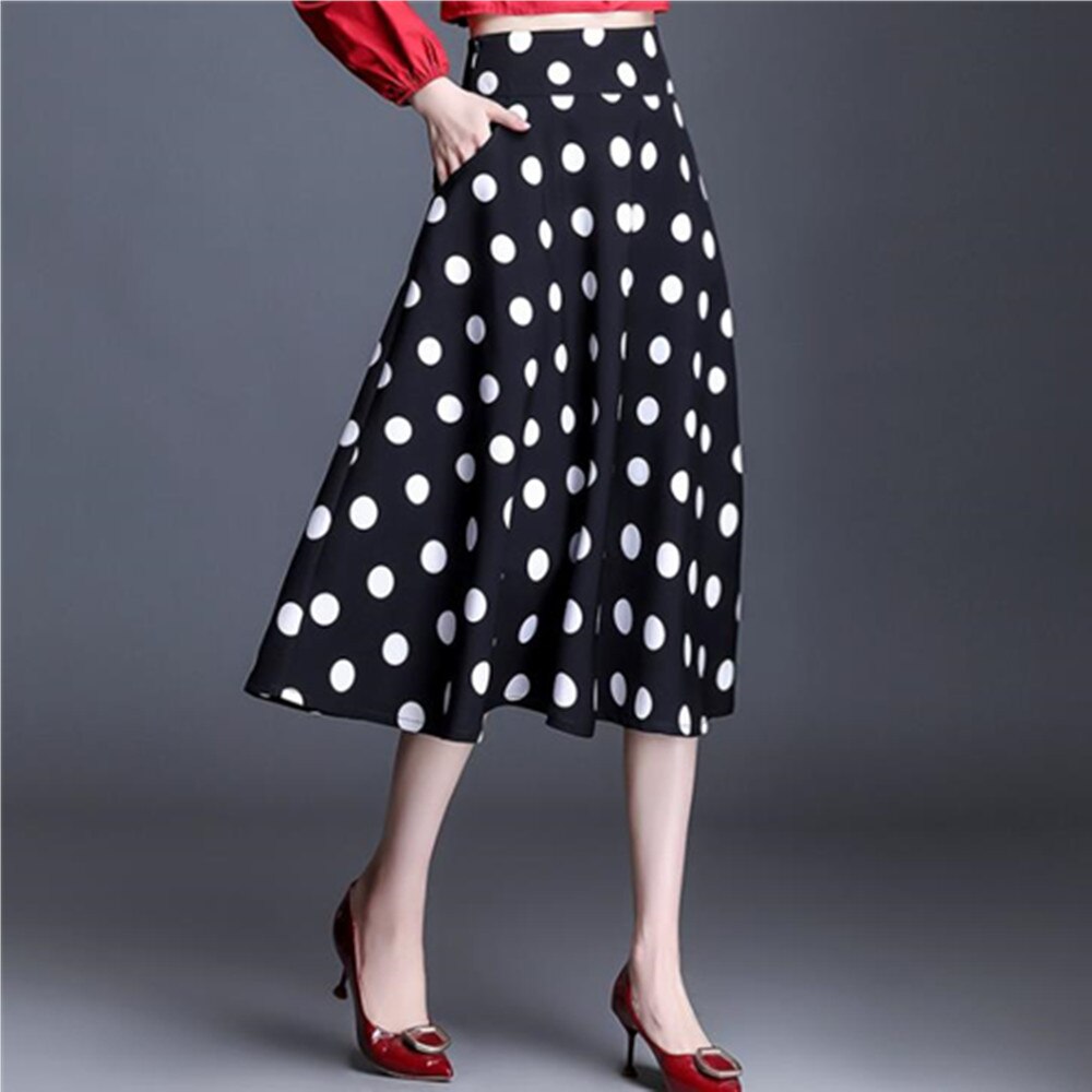 Vintage Polka Dot Long Women Spring Summer Korean A Line Midi High Waist Ladies Retro Skirt