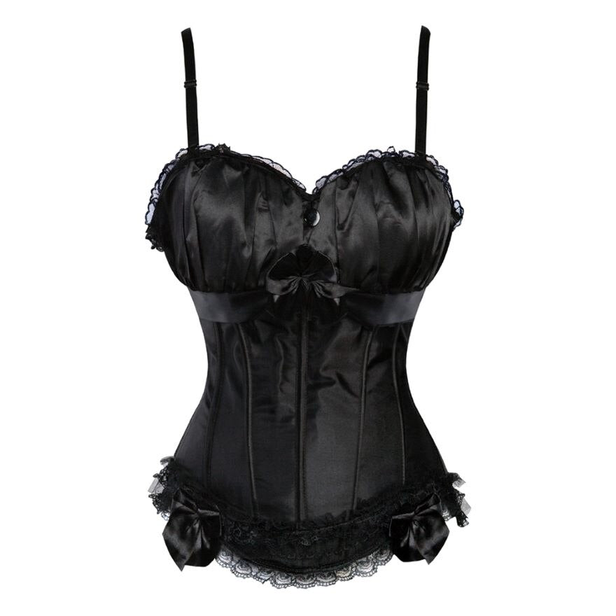 Women Sexy Satin Striped Lace Overbust Corset Bow Cup Straps Corset Zipper Side Waist Cincher Corsets Bustiers Lingerie Top