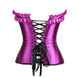 Women Sexy Satin Floral Lace Up Overbust Corset Showgirl Waist Cincher Body Shaper Corset Bustier Lingerie Top Purple Plus Size