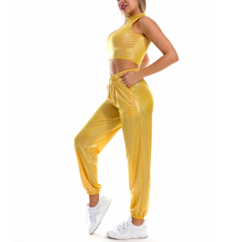 Reflective Women High Waist Metallic Jogger Trousers Shiny Holographic Loose Hip Hop Dance Pants