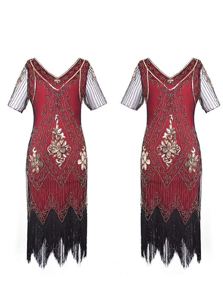 Vintage 1920s Party Dress Great Gatsby Sequin Short Dress V-neck Short –  jetechband