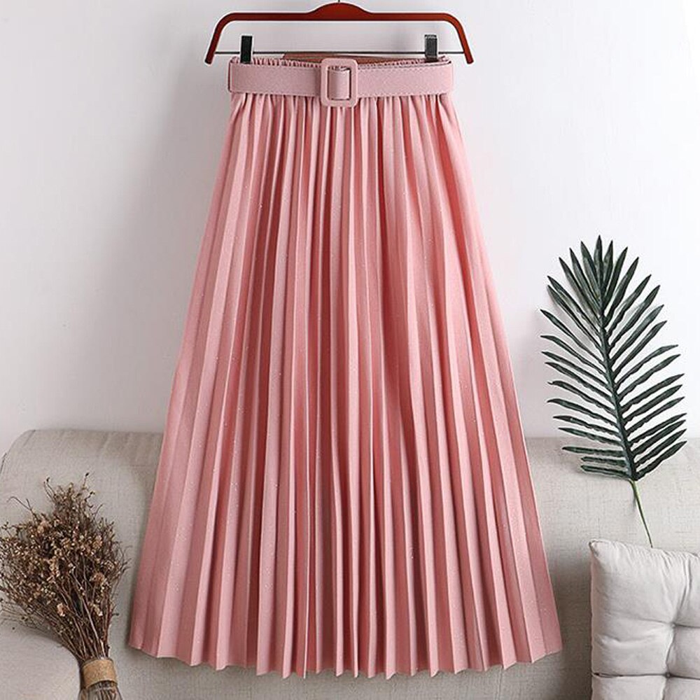 Fashion Elegant Vintage Pleated Elastic High Waist Long Women Summer Pink Maxi Skirt