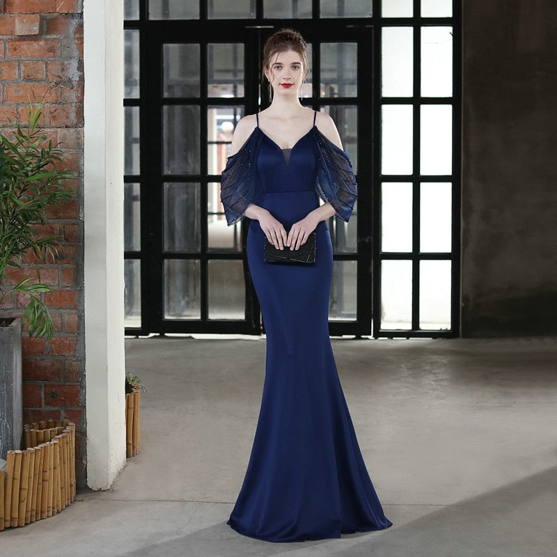 Elegant Beads Black Evening Dress Women's Strap Dress Long Party Dress