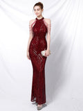 Elegant Halt Neck Diamond Sequin Embroider Formal Dress Mermaid Evening Dress Sleeveless Women Robe De Soriee Gold Vestidos