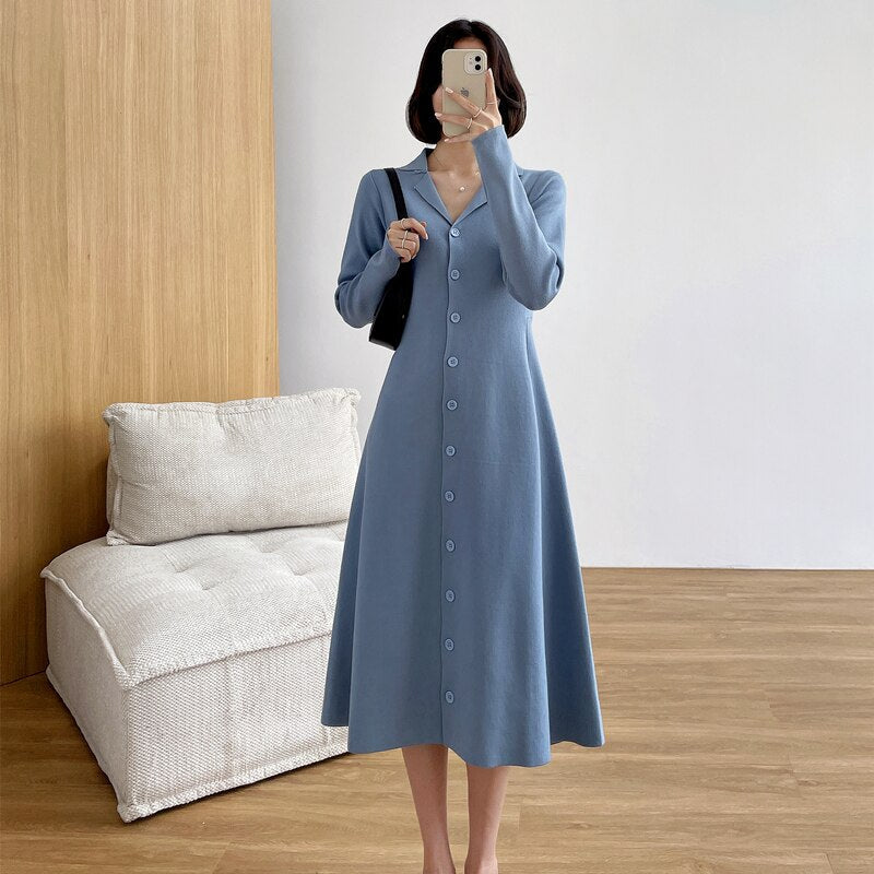 Autumn Winter Women's Long-Sleeved Sweater Outwear Cardigan Suit Collar Singles Breasted Knitted A-line Dress
