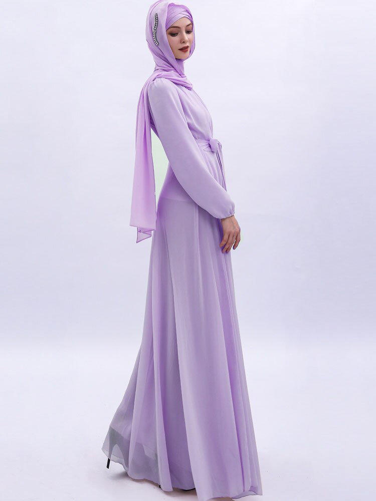 Belt Bow Chiffon Muslim Dress Abaya Dress Plus Size Arab Casual Dress Prom Gowns Robe De Soriee Full-Sleeve O-neck Dress