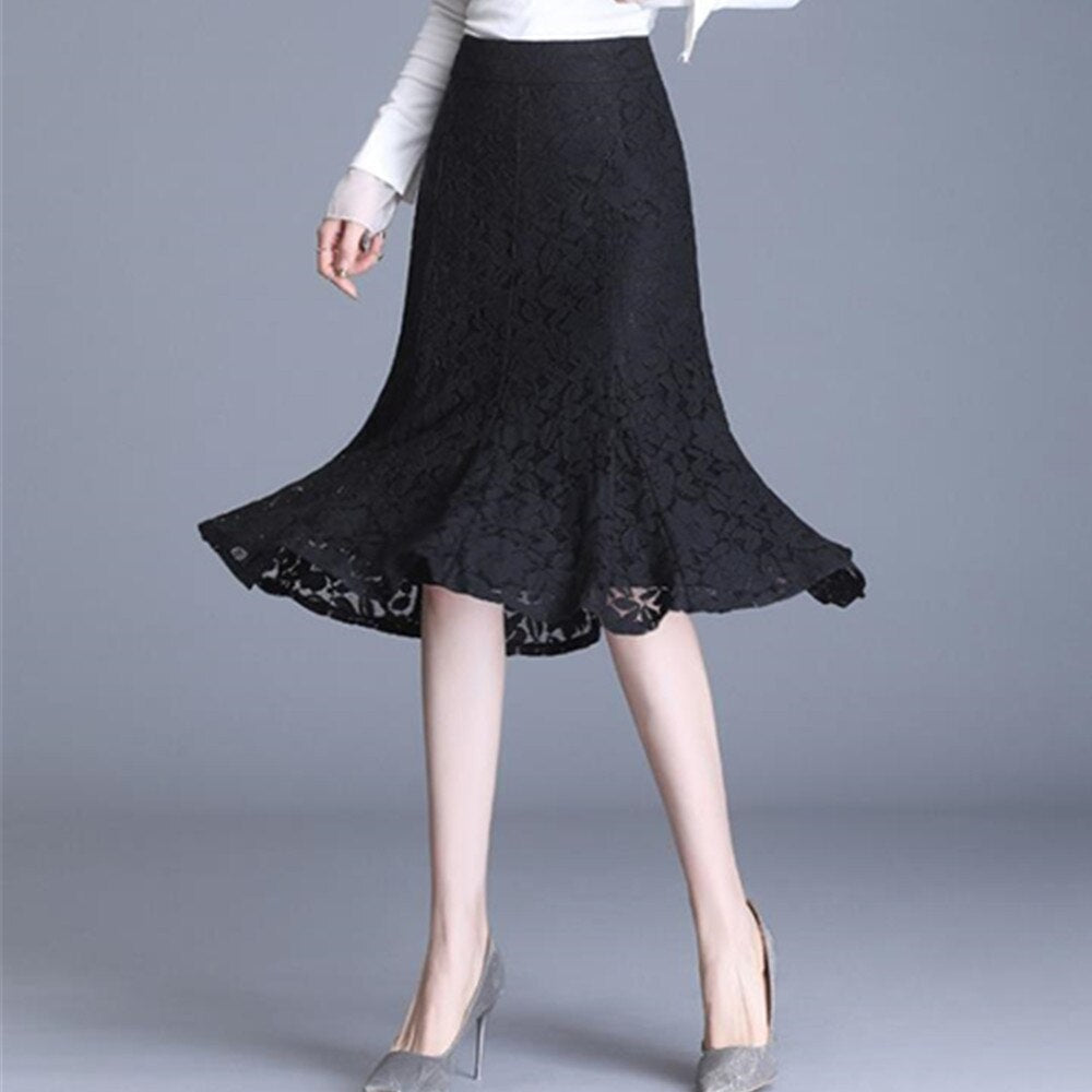 Women Summer Vintage Lace Korean Office Ladies Midi Skirt Sexy Trumpet High Waist OL Black Skirts