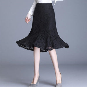 Women Summer Vintage Lace Korean Office Ladies Midi Skirt Sexy Trumpet High Waist OL Black Skirts