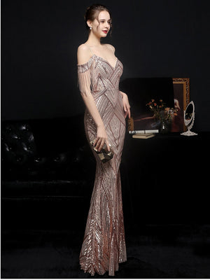 Women Gold Sequin Party Dress Strap Maxi Dress Sexy V Neck Beading Evening Dress