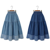 High Waist Pleated A-Line Skirt Female Korean Flared Jean Long Skirt