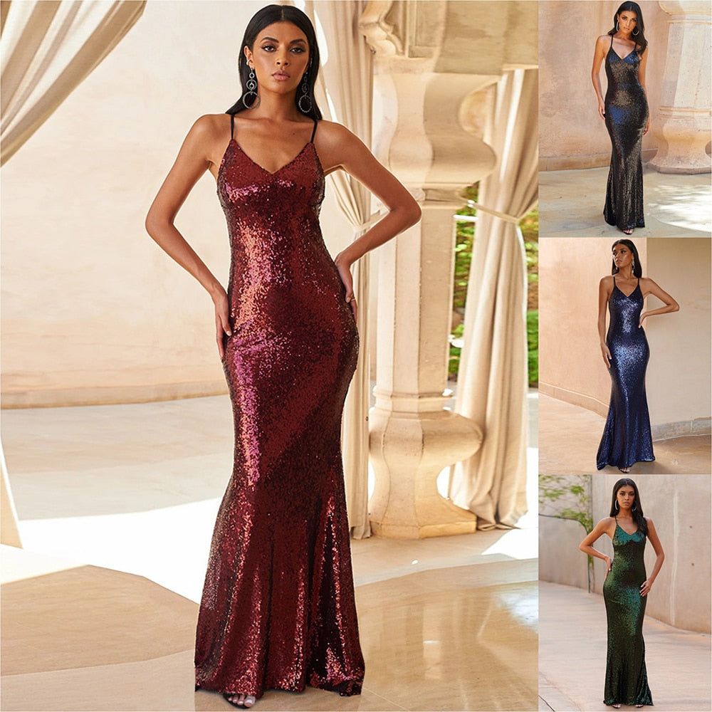 Backless Mermaid Shining Evening Dress Sequinde Formal Dress Sexy Sleeveless Suspenders Prom Gown V-neck Robe