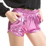 Women Skinny PU Leather Silver Leopard Shorts Summer Shiny Elastic Waist Metallic Booty Club Rave Festival HotPants Bottoms