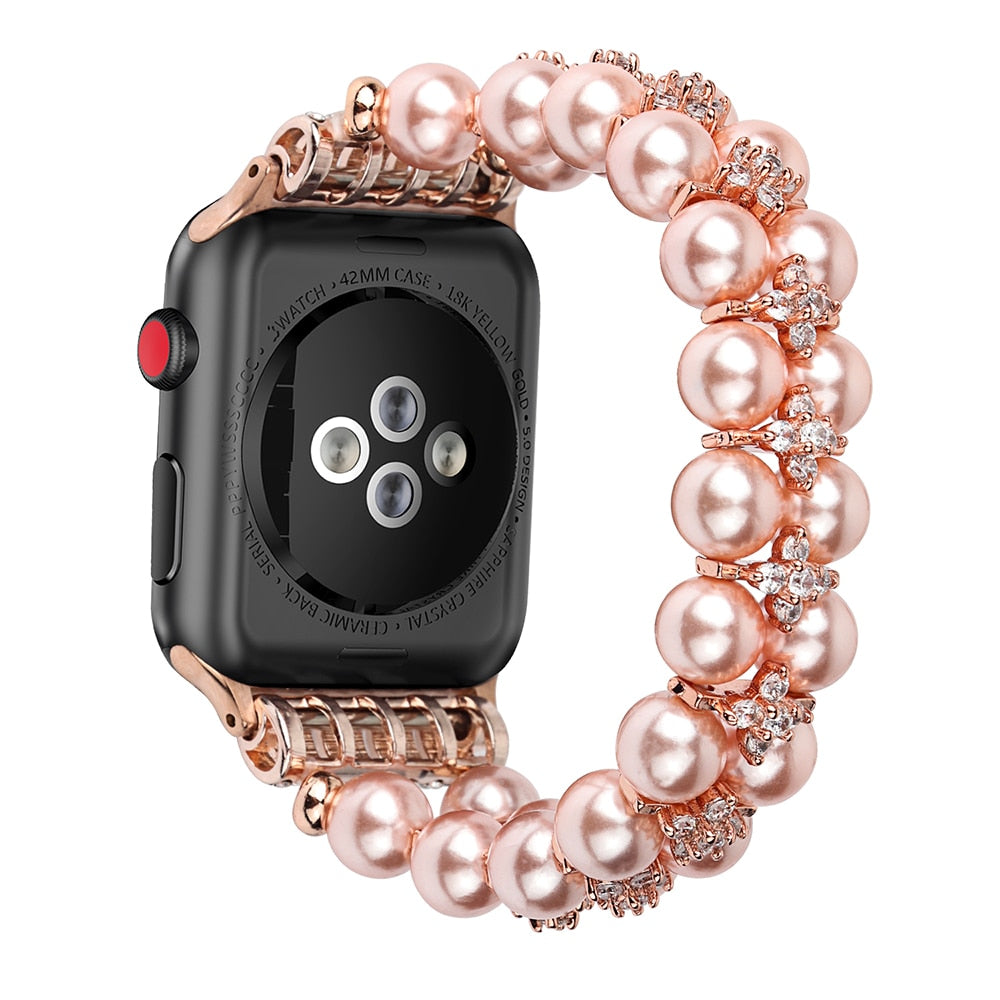 Elegant Watchband Compatible for Apple Watch Band 38mm 40mm 42mm 44mm Pearls Beaded Stretch Bracelet Watch Strap Bands for Women
