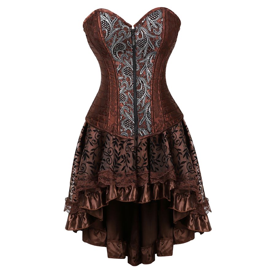 Steampunk Floral Corset Dress Women Gothic PU Leather Corset Bustier With Burlesque Skirt Set Halloween Pirate Costume Brown