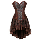 Steampunk Floral Corset Dress Women Gothic PU Leather Corset Bustier With Burlesque Skirt Set Halloween Pirate Costume Brown