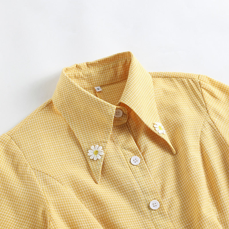 Turn-Down Collar Buttons Yellow Vintage 50s Plaid Midi Shirt Elegant Summer Belted Retro Dress