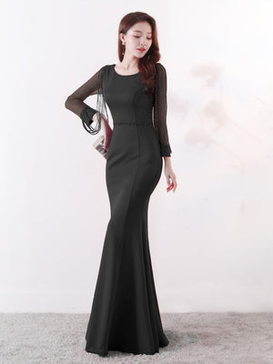 Black Formal Muslim Evening Dress Long Sleeve Zipper Back O-neck Empire Party Gowns Elegant Floor-length Beading Prom Dress